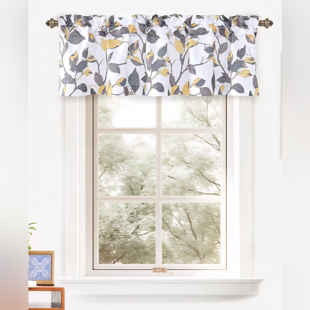 Four Leaf Print Window Valances in White, Gray & Yellow